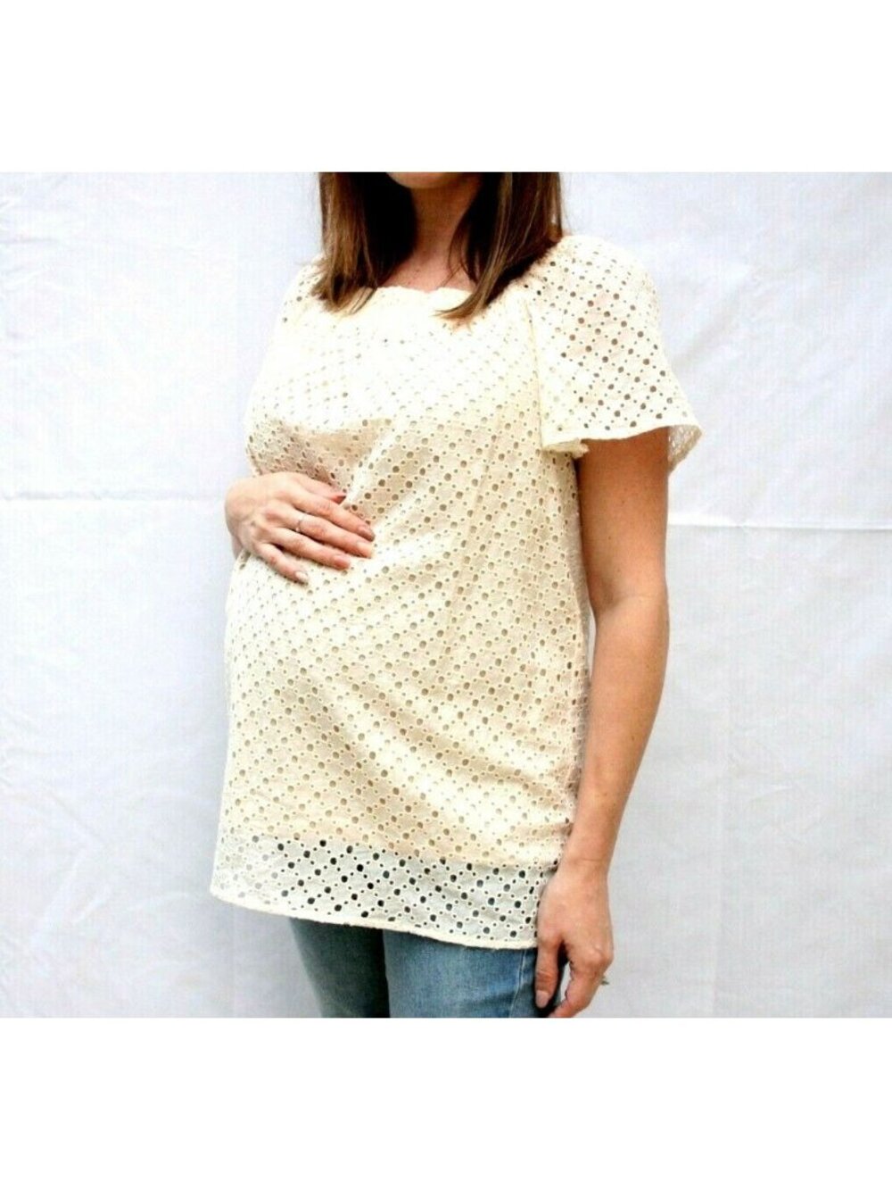 Maternal America Top Womens Size Small Cream Eyelet Cap Sleeve Lined Retro Nwot